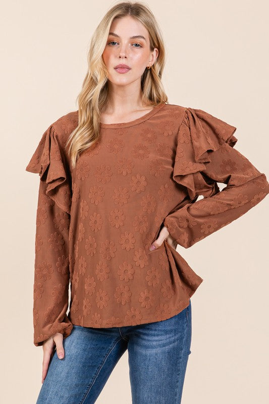 BOMBOM Ruffled Flower Round Neck Blouse - AMIN Clothing 