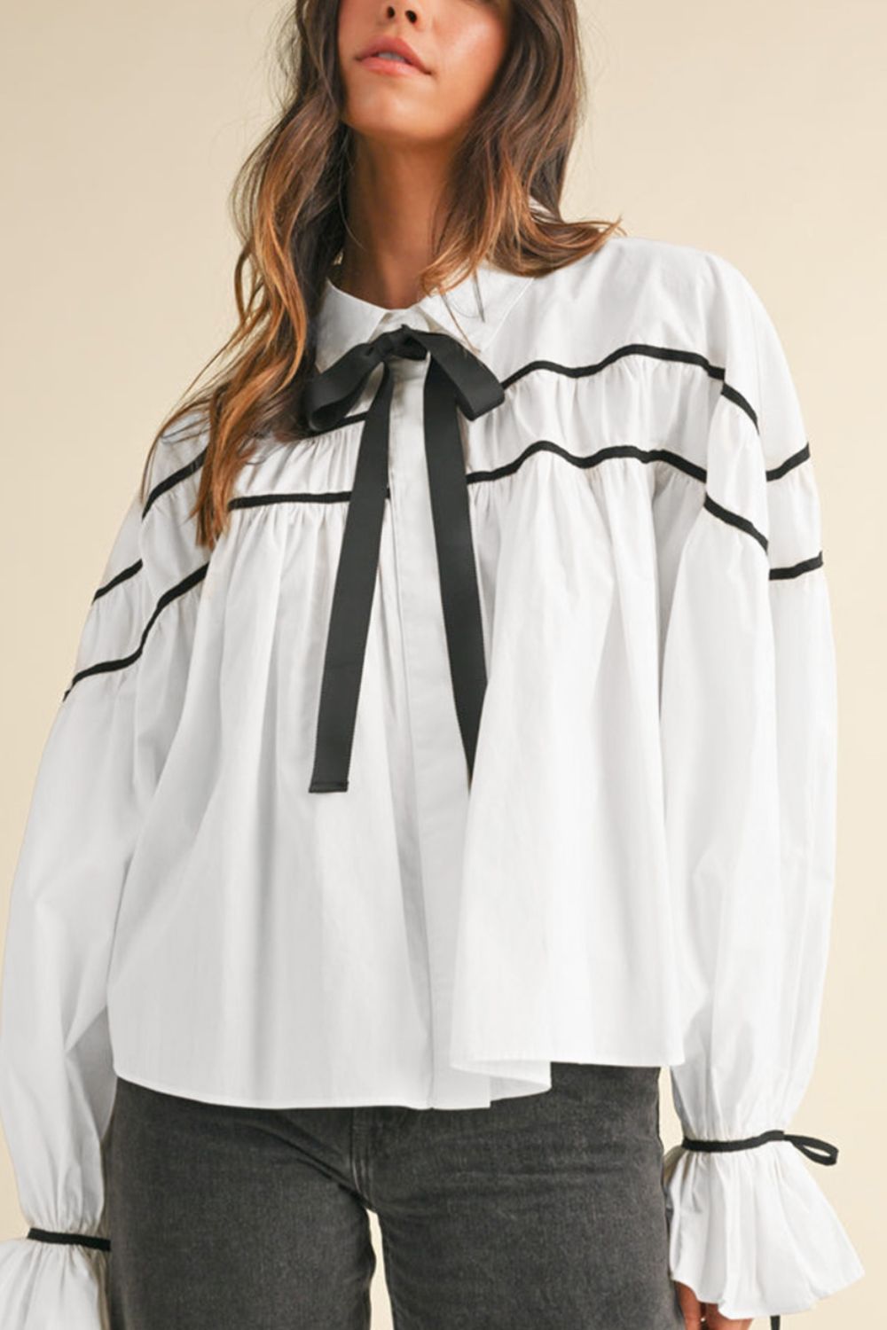 Ribbon Bowtie Collared Neck Flounce Sleeve Shirt - AMIN Clothing 