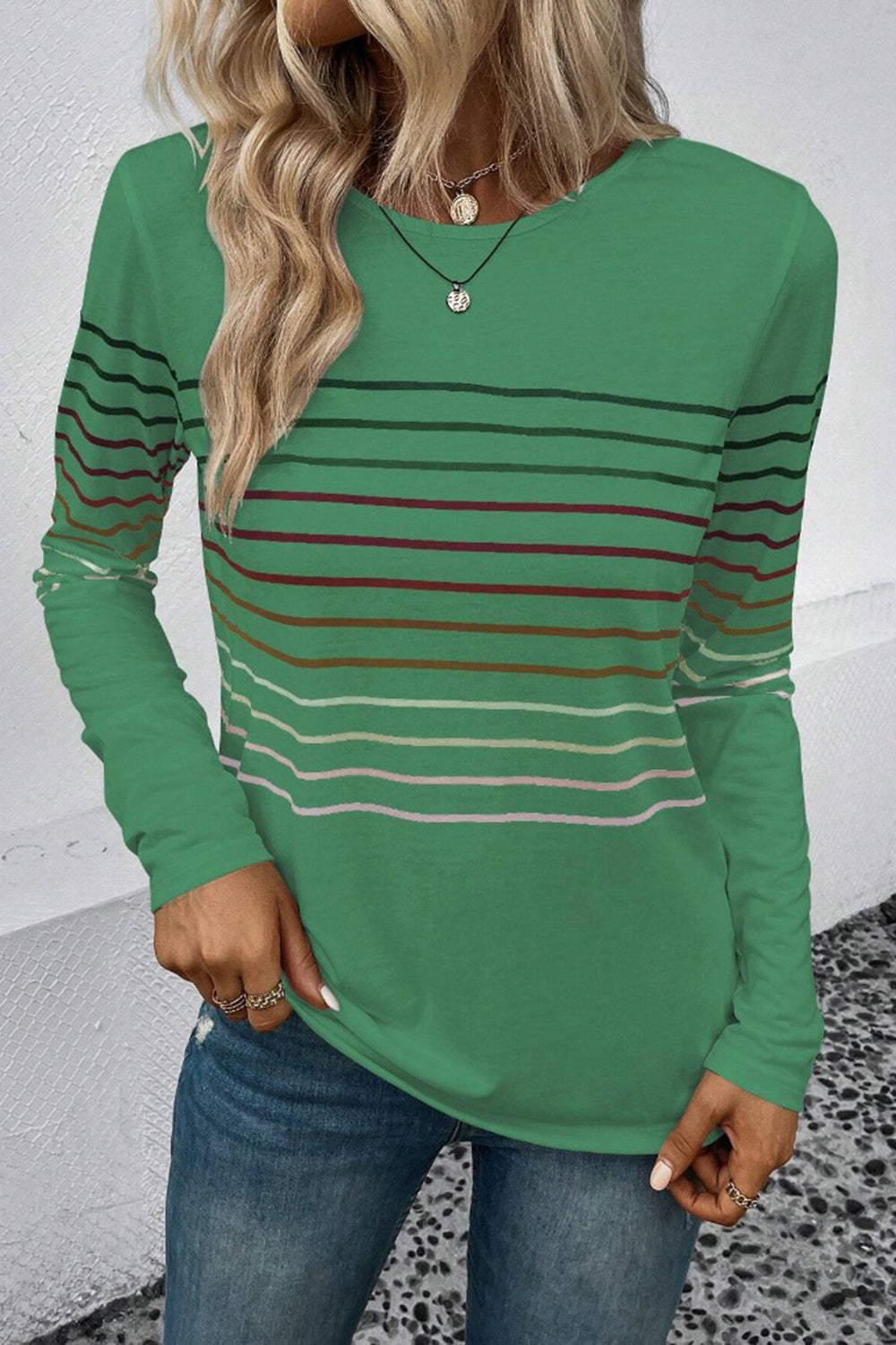 Striped Round Neck Long Sleeve T-Shirt - AMIN Clothing 