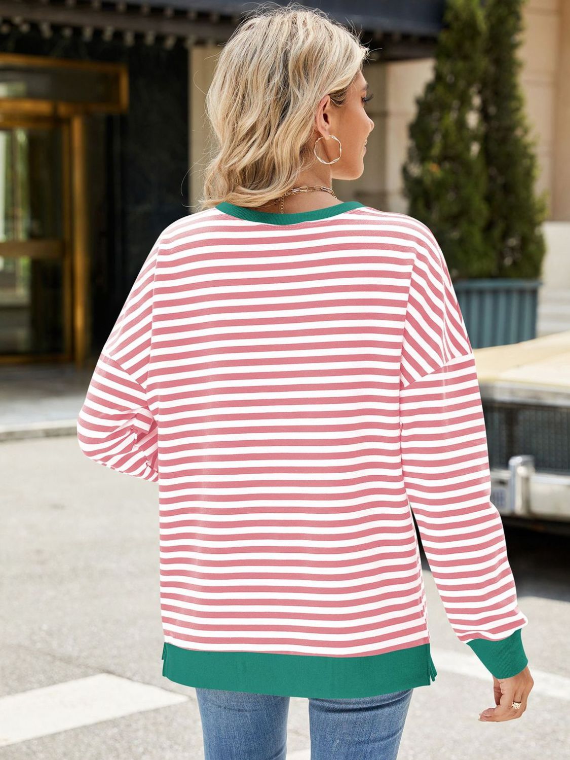 Slit Striped Round Neck Long Sleeve Sweatshirt - AMIN Clothing 