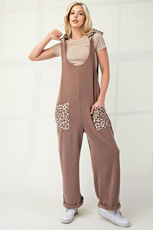 Celeste Full Size Ribbed Leopard Tied Shoulder Overalls - AMIN Clothing 