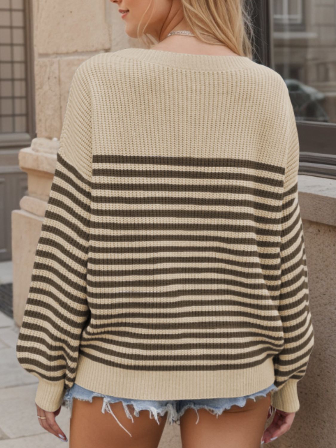 Striped Round Neck Long Sleeve Sweater - AMIN Clothing 