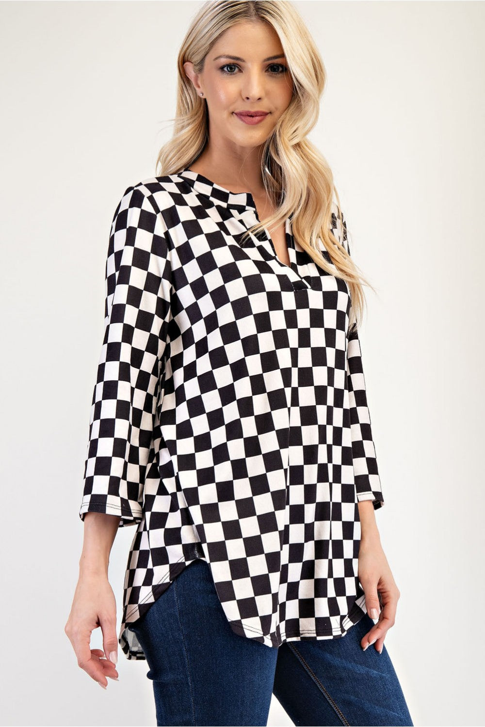 Celeste Full Size Curved Hem Checkered Notched Blouse - AMIN Clothing 