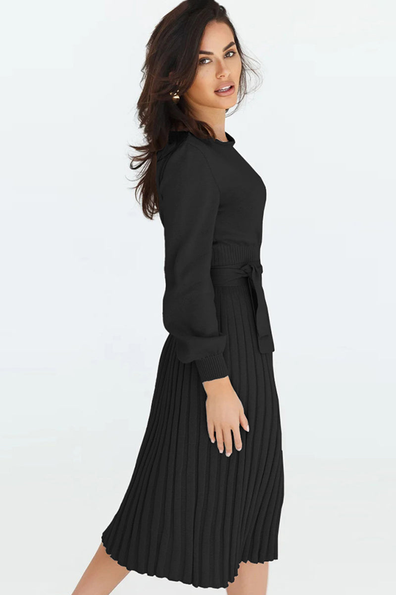 Round Neck Long Sleeve Pleated Sweater Dress - AMIN Clothing 