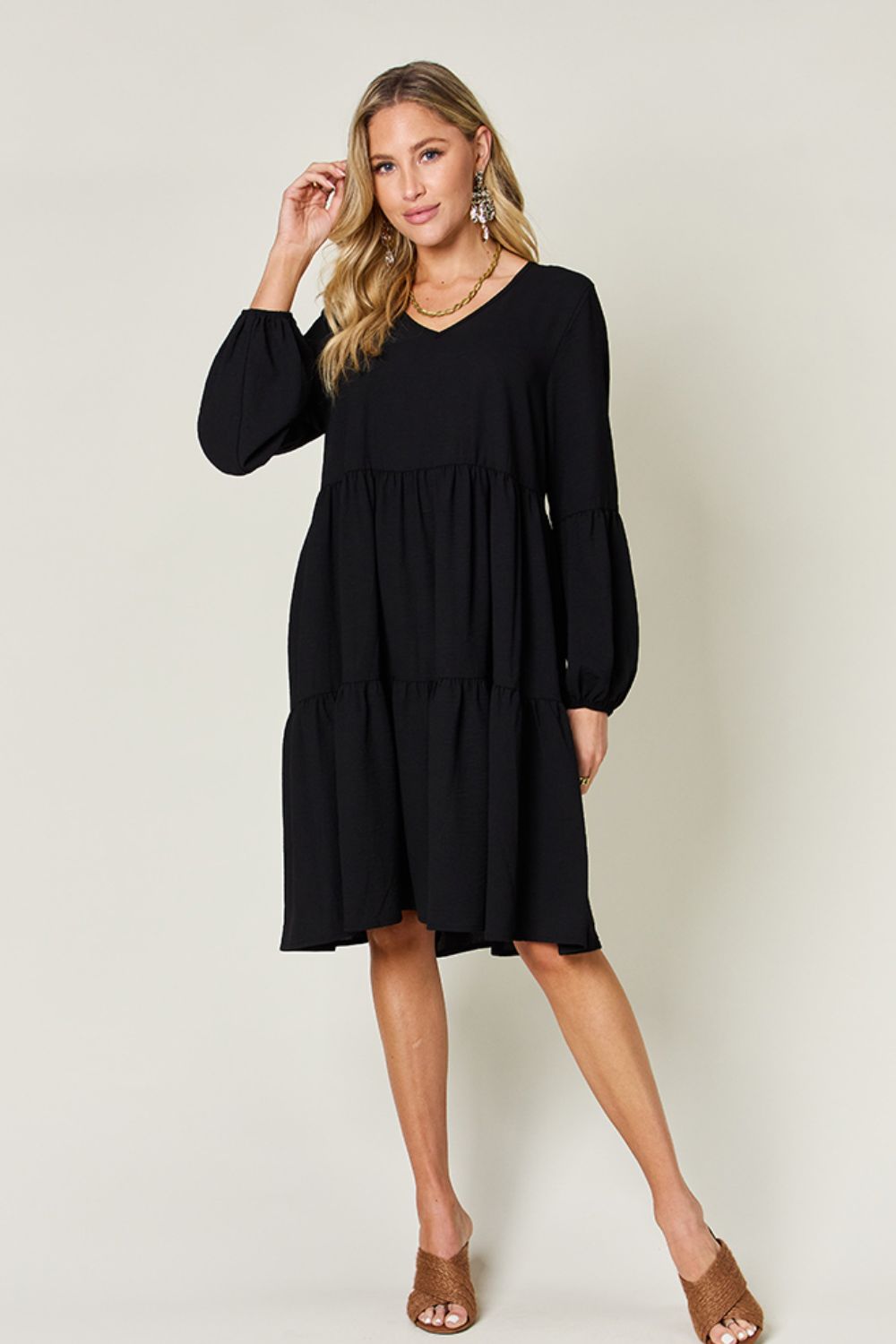 Double Take Full Size V-Neck Balloon Sleeve Tiered Dress with Pockets - AMIN Clothing 