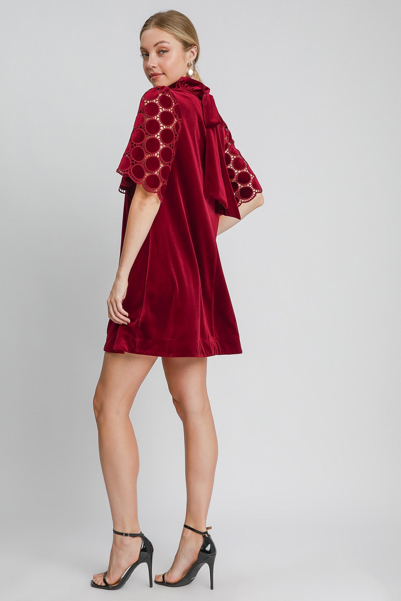 Umgee Dotted Lace Half Sleeve Mock Neck Back Tie Velvet Dress - AMIN Clothing 