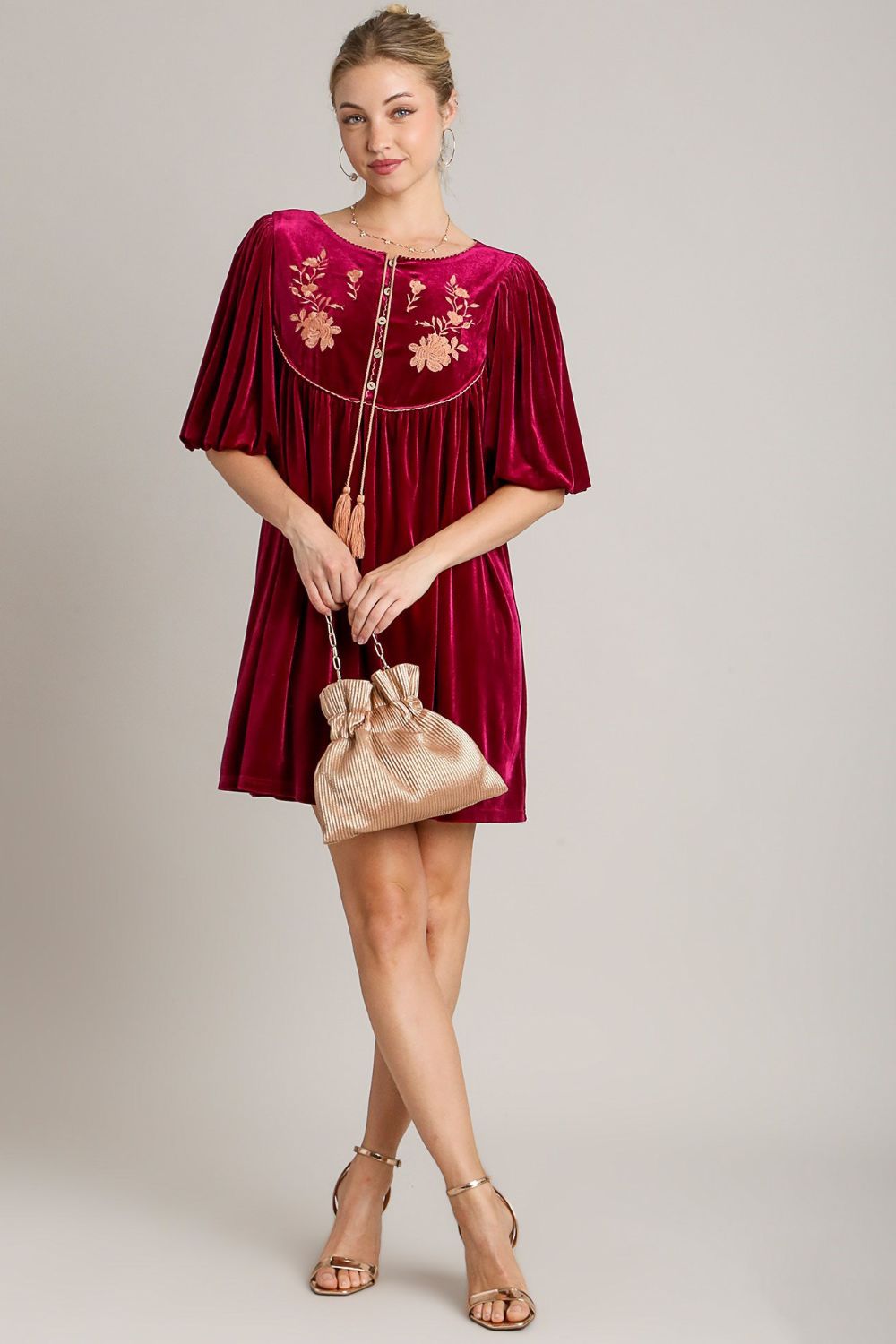 Umgee Embroidered Half Sleeve Velvet Mini Dress with Tassel - AMIN Clothing 