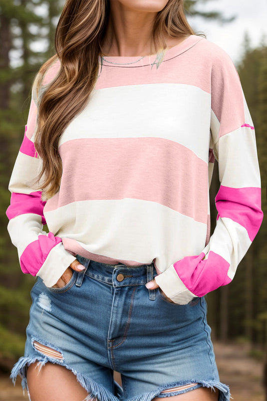 Contrast Color Block Round Neck Long Sleeve Top - AMIN Clothing 