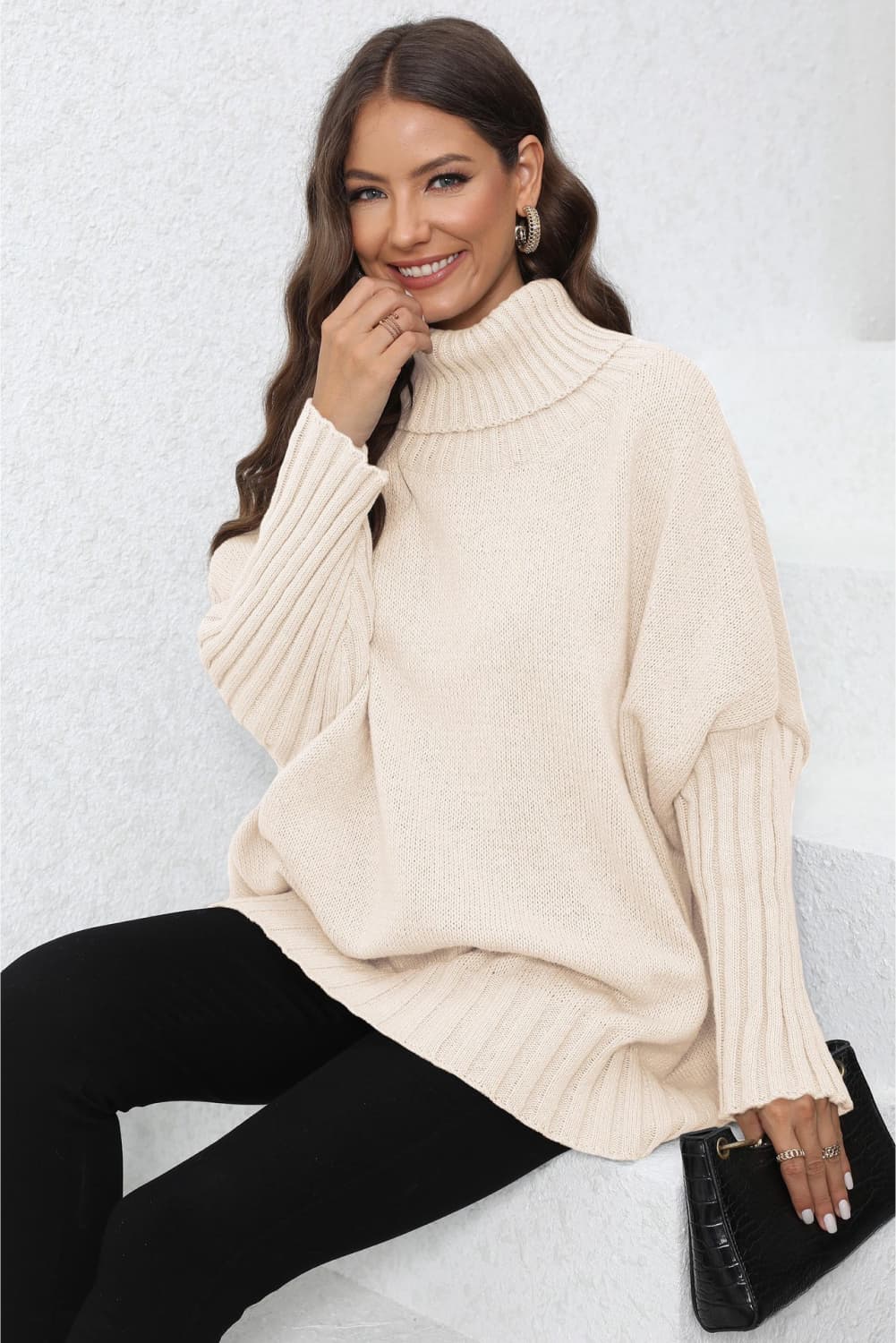 Turtle Neck Long Sleeve Ribbed Sweater - AMIN Clothing 