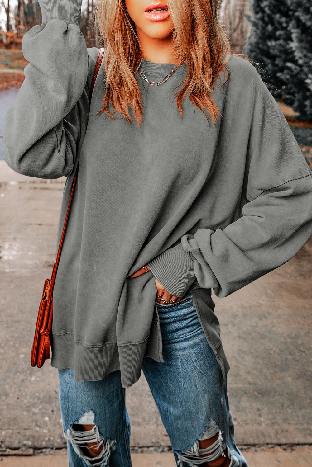 Dropped Shoulder Round Neck Long Sleeve Blouse - AMIN Clothing 