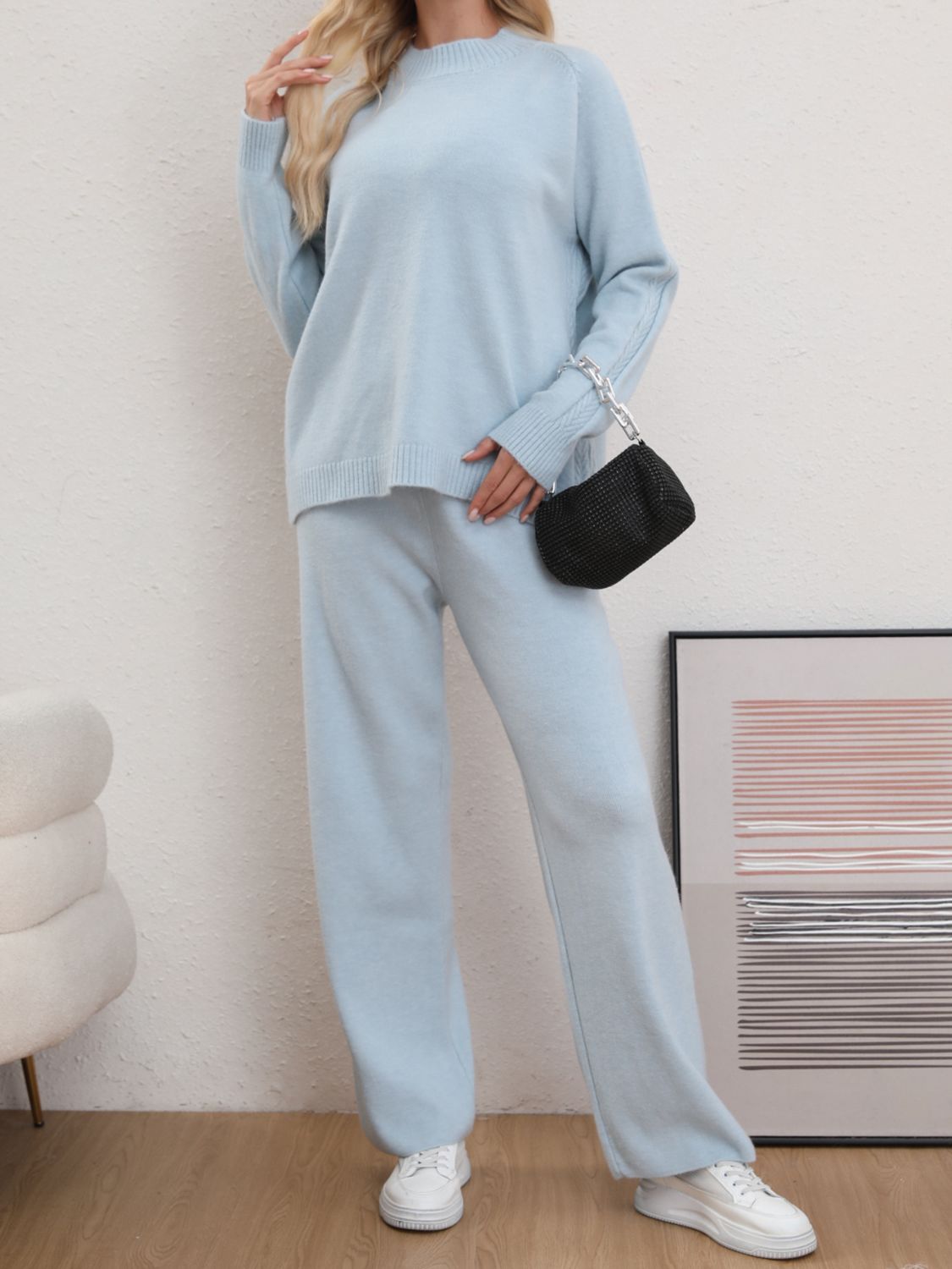 Mock Neck Long Sleeve Top and Pants Sweater Set - AMIN Clothing 