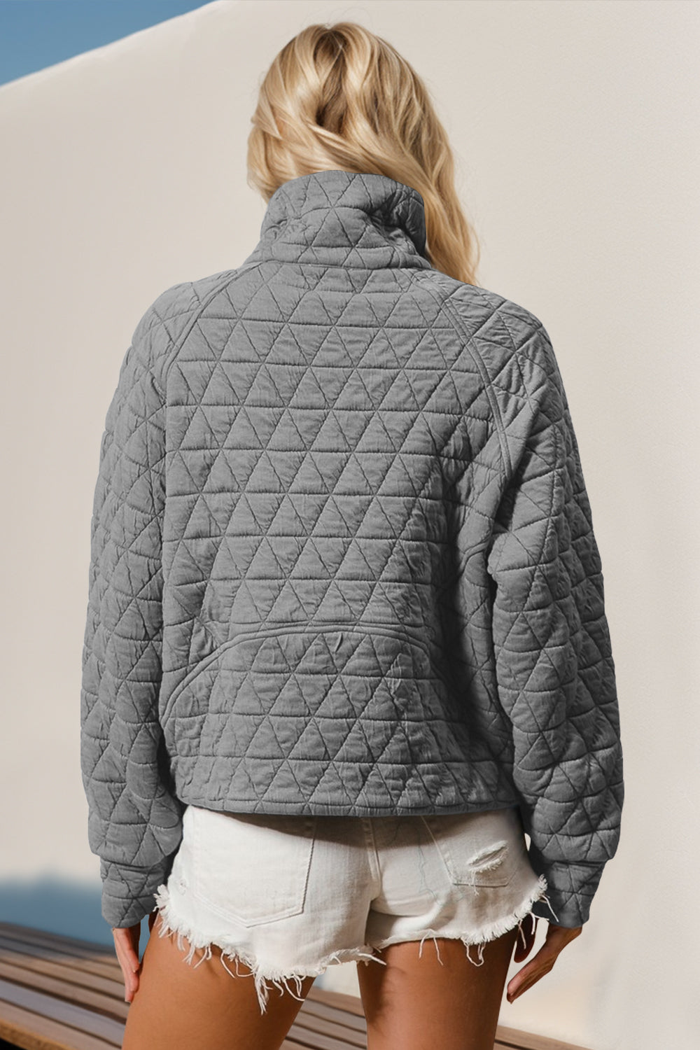 Double Take Half Zip Long Sleeve Quilted Sweatshirt with Pocket - AMIN Clothing 