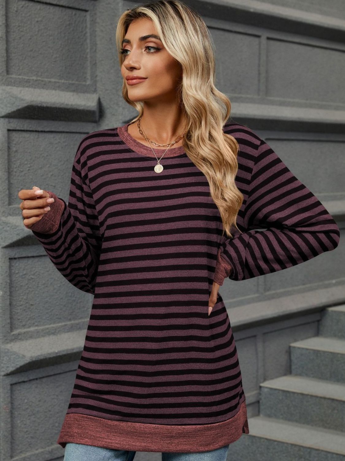 Striped Round Neck Long Sleeve T-Shirt - AMIN Clothing 