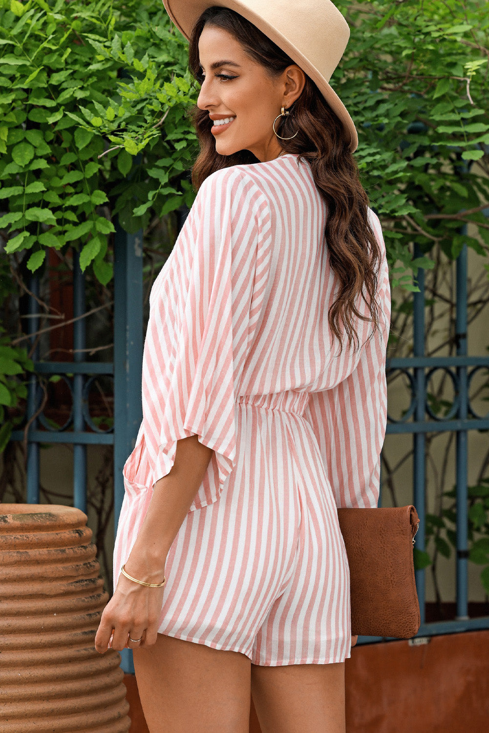 Bow Striped Kimono Sleeve Romper - AMIN Clothing 