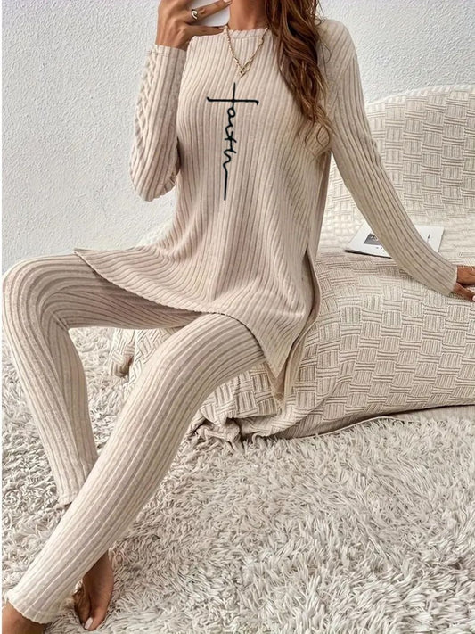 Side Slit Round Neck Long Sleeve Top and Pants Set - AMIN Clothing 