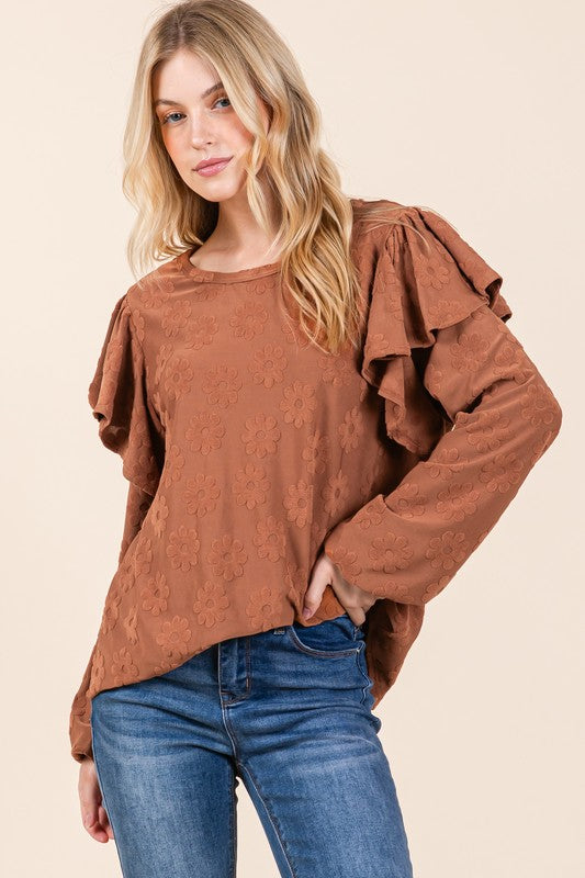 BOMBOM Ruffled Flower Round Neck Blouse - AMIN Clothing 