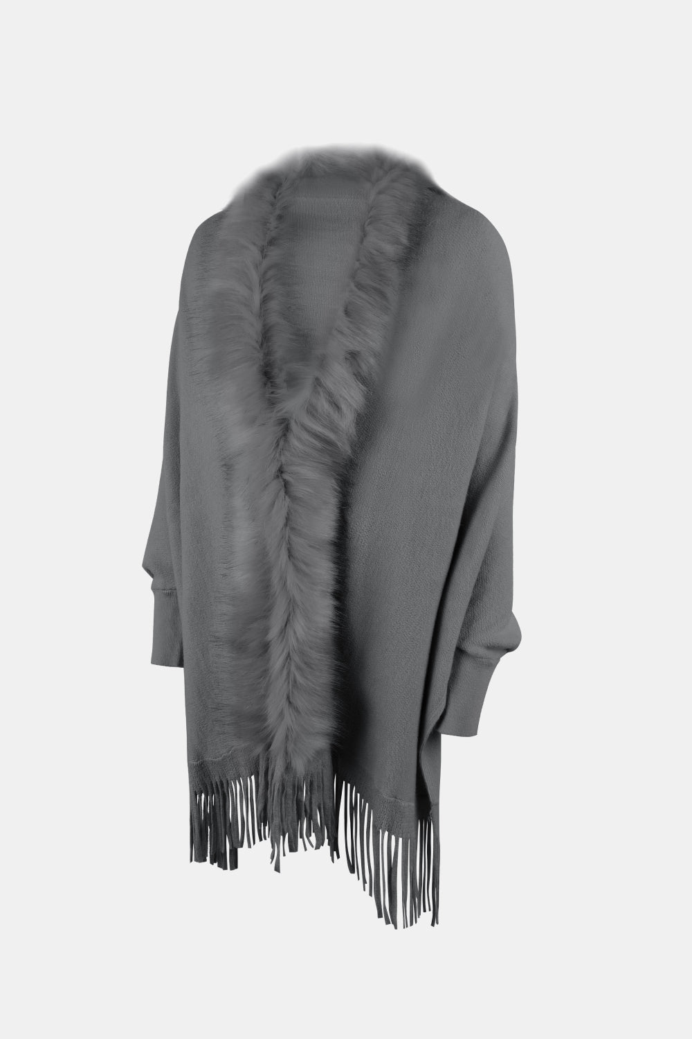 Fringe Open Front Long Sleeve Poncho - AMIN Clothing 