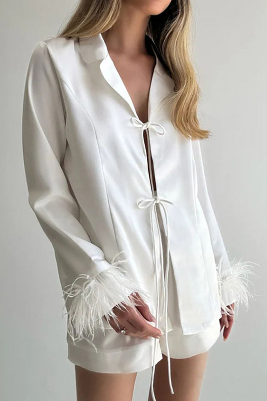 Buttery-Soft Tied Fringe Collared Neck Top and Shorts Set - AMIN Clothing 