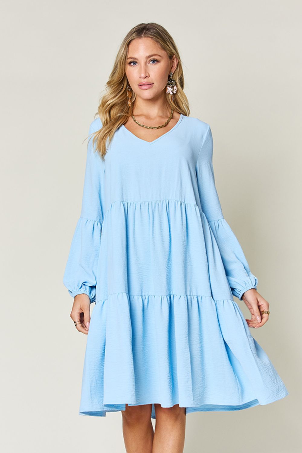 Double Take Full Size V-Neck Balloon Sleeve Tiered Dress with Pockets - AMIN Clothing 