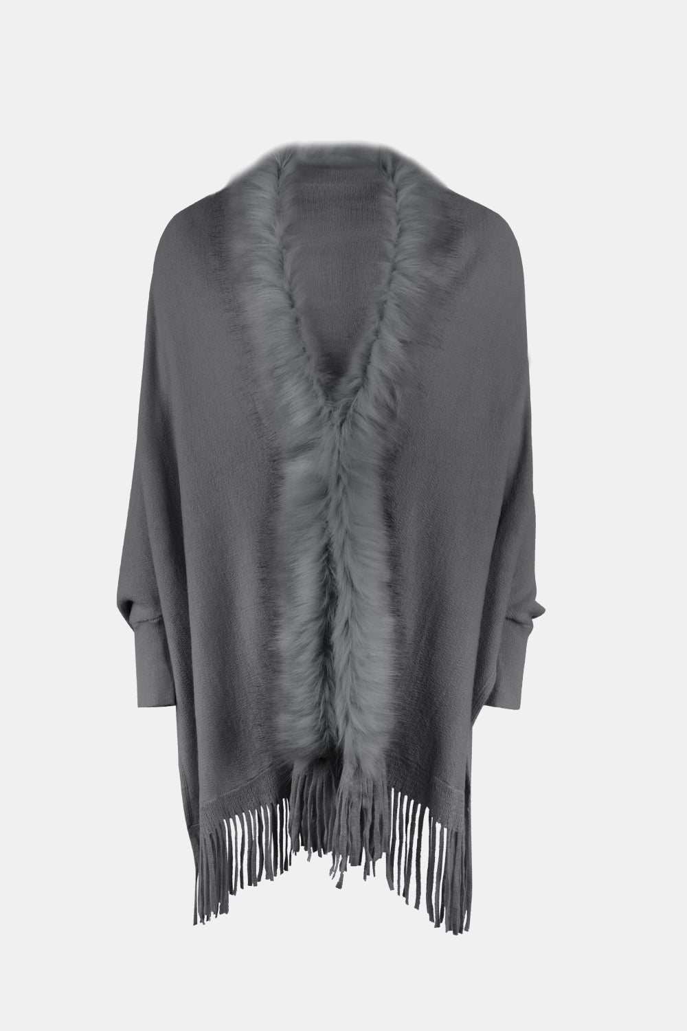 Fringe Open Front Long Sleeve Poncho - AMIN Clothing 