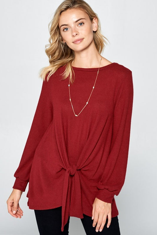 Super Lady Full Size Round Neck Knot Front Hacci Blouse - AMIN Clothing 