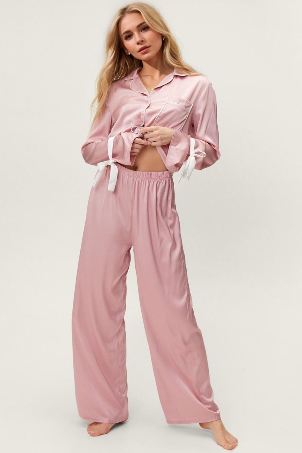 Basic Bae Tied Cuff Collared Neck Top and Pants Lounge Set - AMIN Clothing 