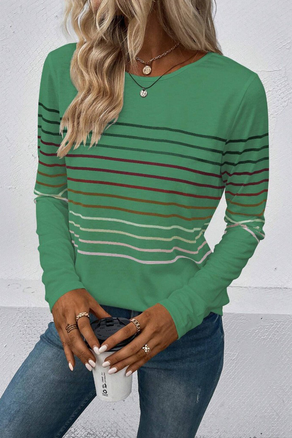 Striped Round Neck Long Sleeve T-Shirt - AMIN Clothing 