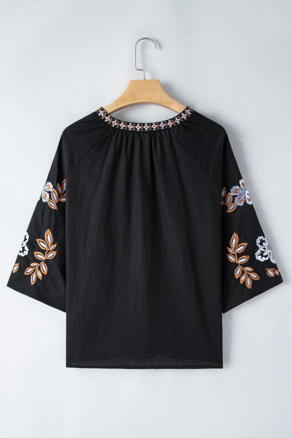 Embroidered V-Neck Three-Quarter Sleeve Blouse - AMIN Clothing 