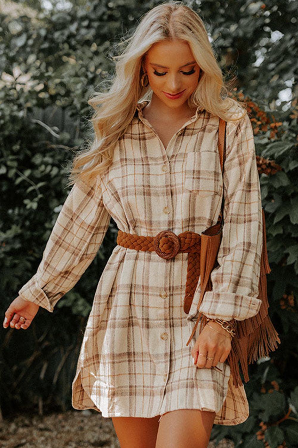 Plaid Collared Neck Long Sleeve Mini Shirt Dress - AMIN Clothing 