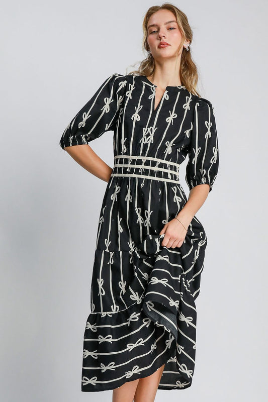 Umgee Bow Tie Print Notched Contrast Velvet Trim Midi Dress - AMIN Clothing 