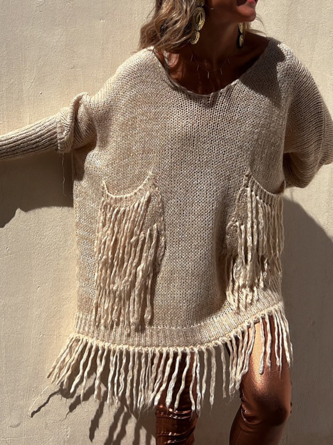 Fringe Detail Long Sleeve Sweater with Pockets - AMIN Clothing 