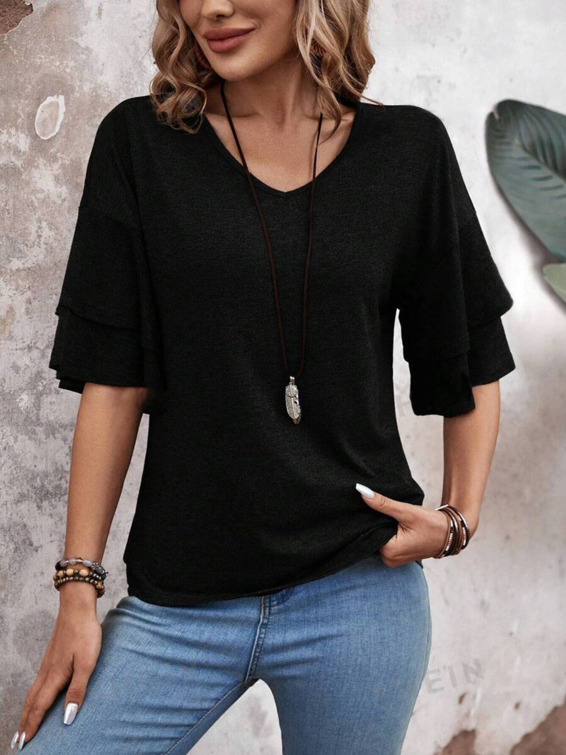 V-Neck Half Sleeve Blouse - AMIN Clothing 