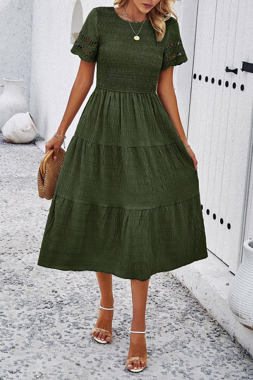 Devine Smocked Round Neck Short Sleeve Midi Dress - AMIN Clothing 