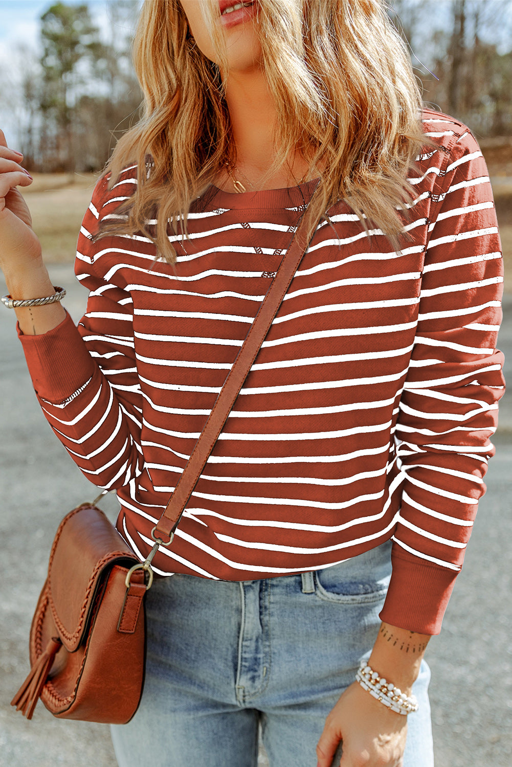 Striped Long Sleeve Round Neck Top - AMIN Clothing 