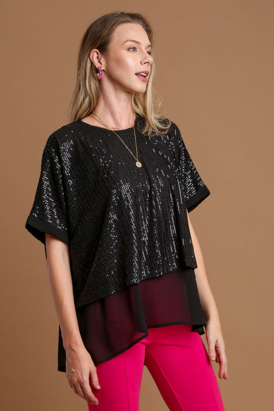 Umgee Sequin Half Sleeve Layered Blouse - AMIN Clothing 