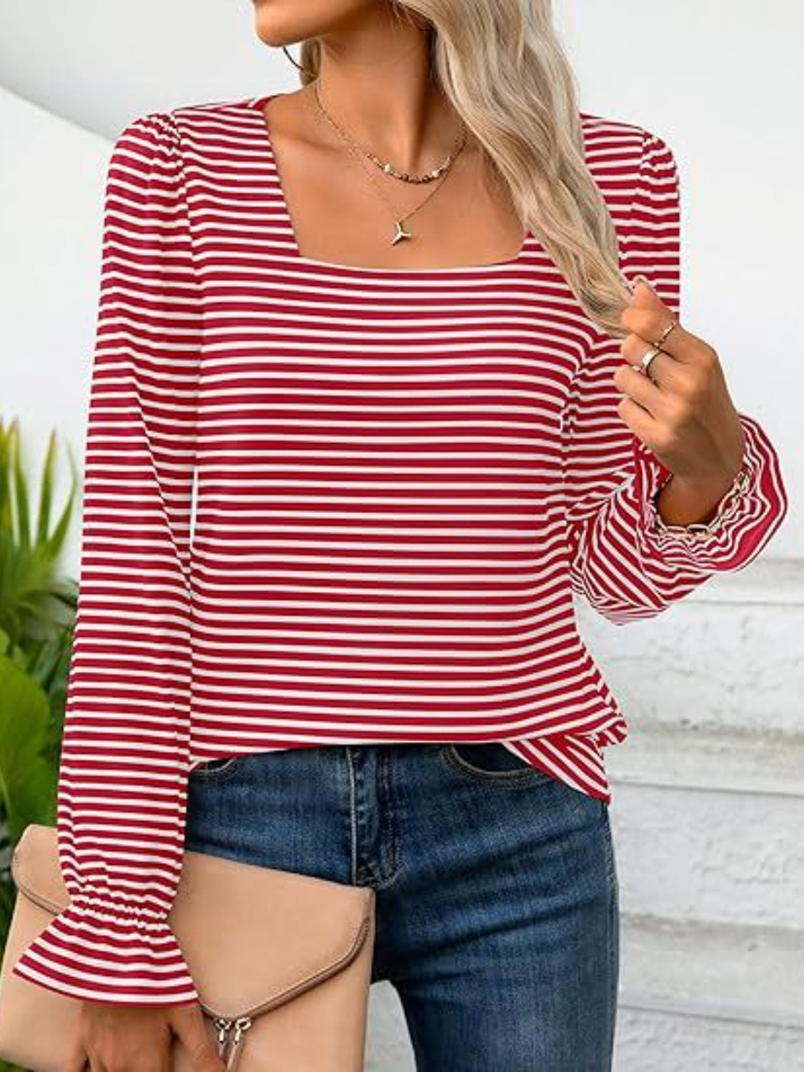 Striped Square Neck Flounce Sleeve Top - AMIN Clothing 